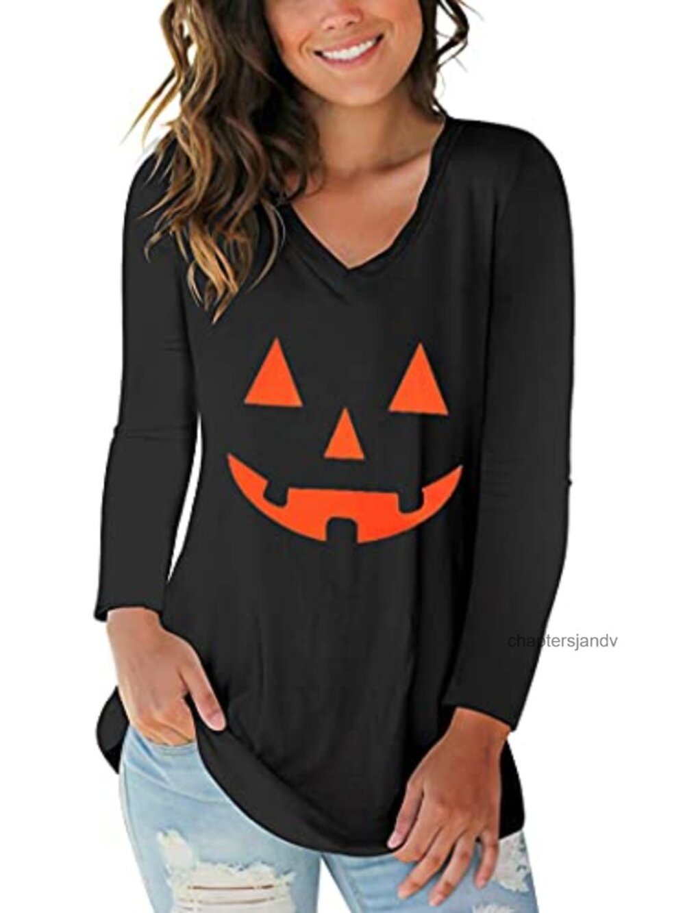 Women's Long Sleeve V-Neck Tunic T-Shirt Floral Halloween Casual Tee